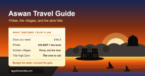 Aswan travel guide cover illustration: Philae temple on its island, a felucca under sail on the Nile, and the granite west bank with the Aga Khan mausoleum