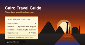 Cairo travel guide cover illustration: the Giza pyramids, the Nile with Cairo Tower, and the Citadel minarets drawn on one skyline