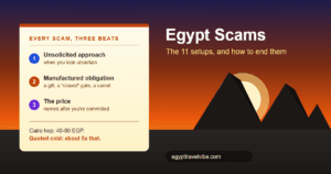 Egypt tourist scams cover: a sunset card listing the three beats every scam follows, unsolicited approach, manufactured obligation, and price after commitment, beside the Giza pyramids