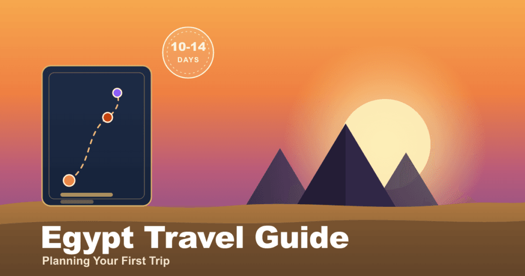 Egypt travel guide cover illustration: pyramids at sunset with a route card marking a Cairo, Luxor and Aswan trip