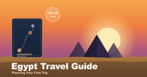 Egypt travel guide cover illustration: pyramids at sunset with a route card marking a Cairo, Luxor and Aswan trip