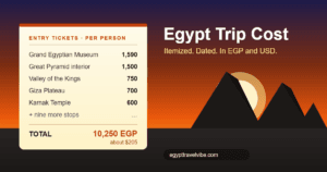 Egypt trip cost cover illustration: an itemized ticket receipt listing Egyptian site entry fees in Egyptian pounds against a sunset pyramid skyline