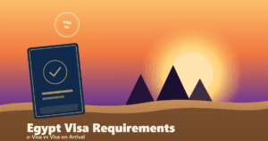 Egypt visa requirements: illustrated sunset cover of a passport with a visa approval stamp and the Giza pyramids on the horizon