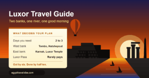 Luxor travel guide cover illustration: Karnak columns and the Luxor obelisk on the east bank, the Nile between them, and the Theban hills with Hatshepsut terraces to the west