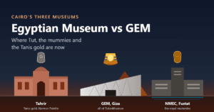 Egyptian Museum vs GEM cover illustration: the Tahrir museum, the Grand Egyptian Museum and NMEC drawn side by side, with a gold mask, a royal coffin and the Narmer Palette marking what each one holds