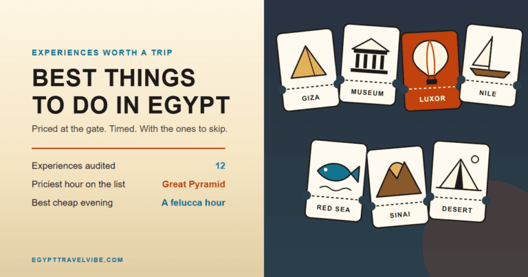 Things to do in Egypt illustration: seven admission ticket stubs showing a pyramid, a museum facade, a hot air balloon, a felucca, a reef fish, a mountain sunrise and a desert tent