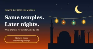 Egypt during Ramadan illustration: a minaret, a temple gateway and a palm in silhouette against a dusk sky, with a crescent moon and a row of hanging lanterns
