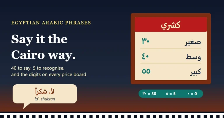 Egyptian Arabic phrases illustration: a hand-painted koshary price board in Eastern Arabic digits, a speech bubble reading la' shukran in Arabic script, and a taxi's black and white stripe along the bottom