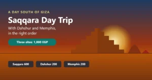 Saqqara day trip illustration: the Step Pyramid of Djoser at sunrise with the Bent and Red Pyramids of Dahshur on the horizon, and the three gate prices for Saqqara, Dahshur and Memphis