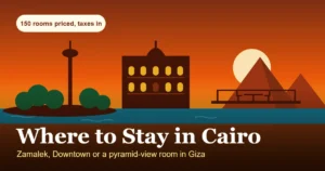 Where to stay in Cairo illustration: a leafy Nile island, a Downtown facade and a rooftop table facing the pyramids at sunset, with a badge reading 150 rooms priced, taxes in