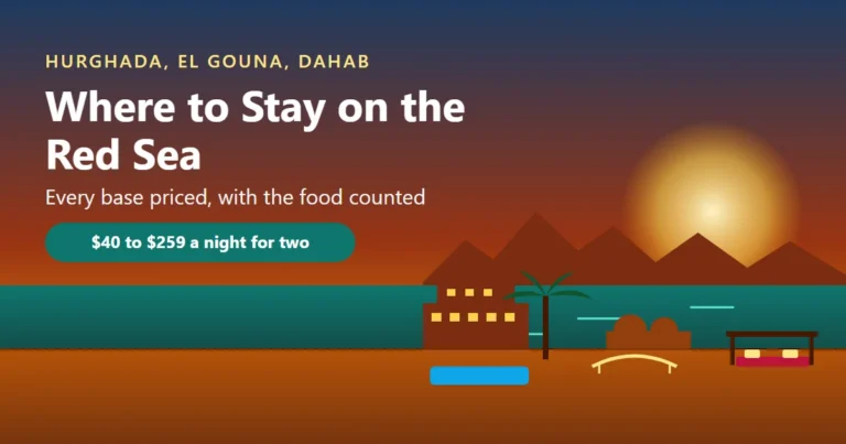 Where to stay on the Red Sea illustration: an all-inclusive pool in Hurghada, a lagoon footbridge in El Gouna and a Dahab camp terrace facing the Sinai mountains across a reef